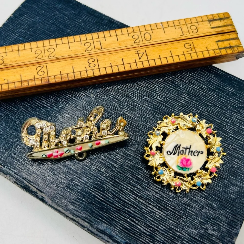2 vintage “Mother” word brooch pins gold mother of pearl